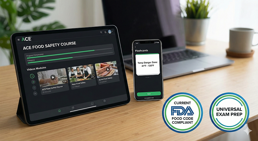 Self-paced online food manager training course on tablet and phone with AI study tools and FDA Food Code badge