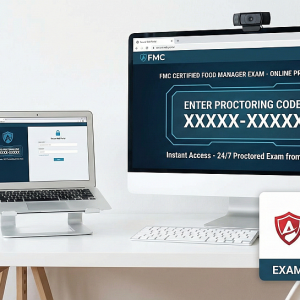 FMC Certified Food Manager Exam online proctoring code voucher displayed on a computer screen with remote testing badge