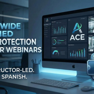 Live weekly CFPM webinar training in English and Spanish with an instructor showing a US map and ANSI-accredited FMC exam badge